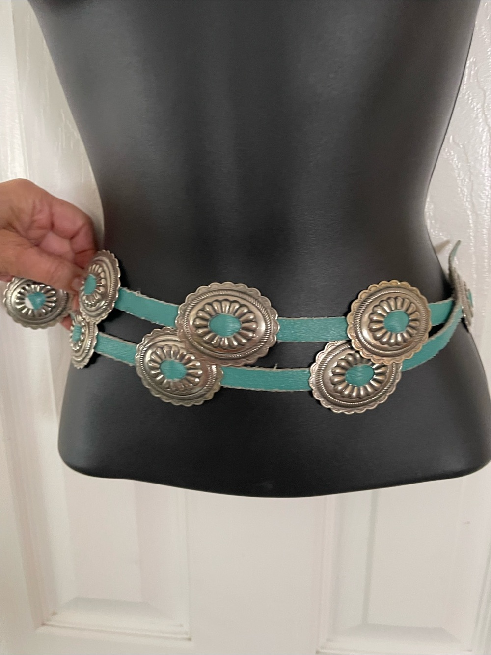 Turquoiseleather Concho Belt with Silver Medallions